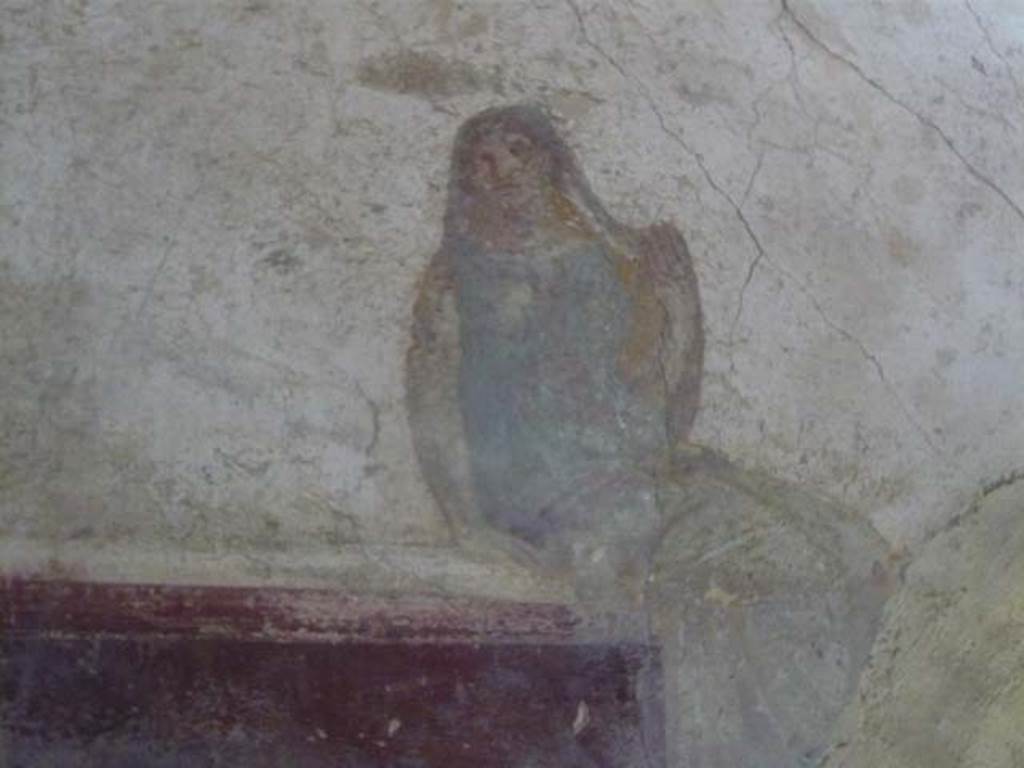 Villa San Marco, Stabiae, 2010. Room 14, north-east wall with fresco of seated figure.
Photo courtesy of Buzz Ferebee.
