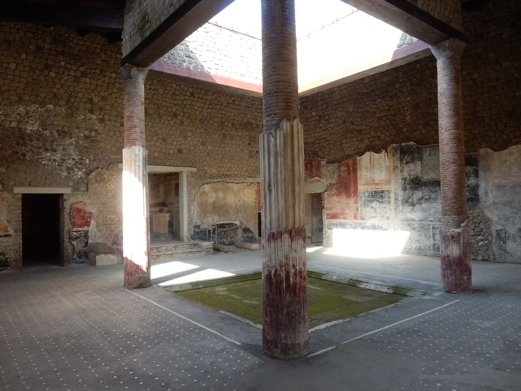 Villa San Marco, Stabiae, June 2019. Room 44, looking towards west wall and north-west corner of atrium.
Photo courtesy of Buzz Ferebee.
