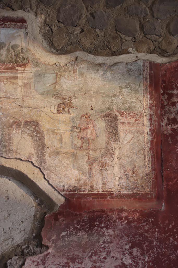 Villa San Marco, Stabiae, October 2022. 
Room 44, detail from painting on west end of north wall above doorway to room 31. 
Photo courtesy of Klaus Heese.
