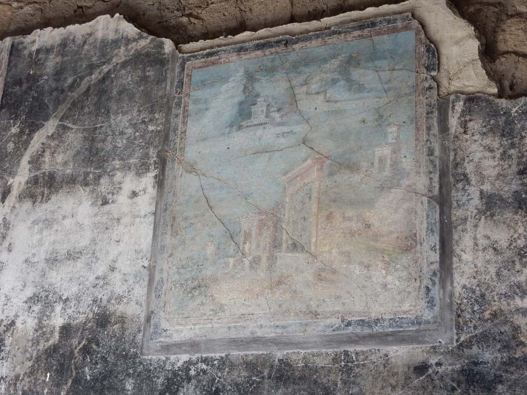 Villa San Marco, Stabiae, June 2019. Room 44, central painting of a sacred landscape, on north wall of atrium. 
Photo courtesy of Buzz Ferebee

