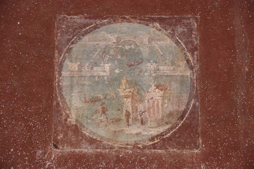 Villa San Marco, Stabiae, September 2019. Room 20, reproduction of medallion from east wall, (to the right of the hole in the wall). 
(original now in Naples Archaeological Museum, inventory number 9408A.)

