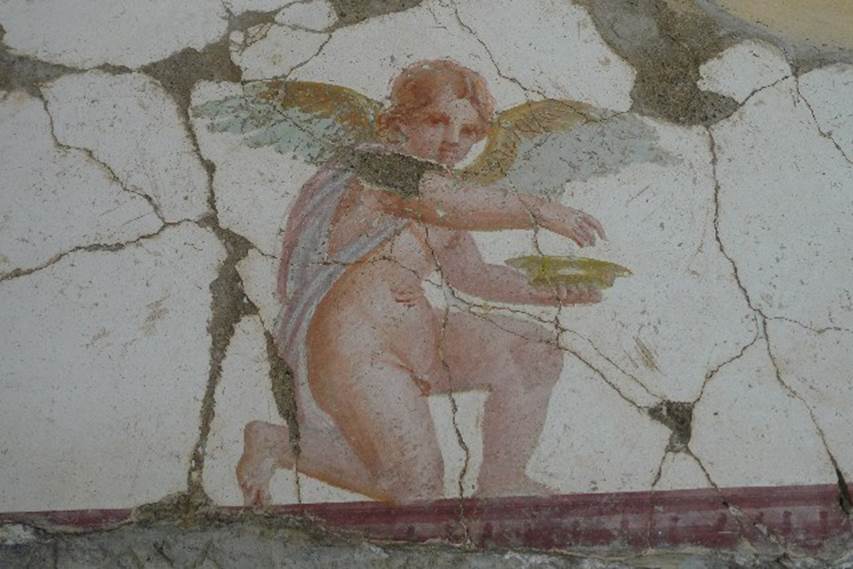 Castellammare di Stabia, Villa San Marco, July 2010.  Room 30, east wall in north-east corner, above doorway to room 50.  Painting of kneeling Eros holding a dish. Photo courtesy of Michael Binns.


