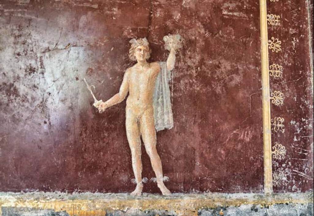 Villa San Marco, Stabiae, April 2018. 
Room 30, south-east corner. Painted figure of Perseus lifting the head of Medusa. Photo courtesy of Ian Lycett-King. Use is subject to Creative Commons Attribution-NonCommercial License v.4 International.
