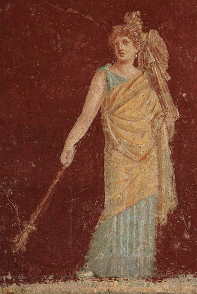 Castellammare di Stabia, Villa San Marco, December 2006. Room 30, south-east corner. Painting of  Iphigenia with a palladium on her shoulder and torch in her hand.