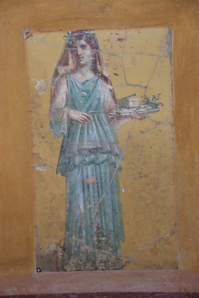 Villa San Marco, Stabiae, September 2019. Room 50, painted figure from west wall. 
Original in Naples Archaeological Museum. Inventory number 8890.
