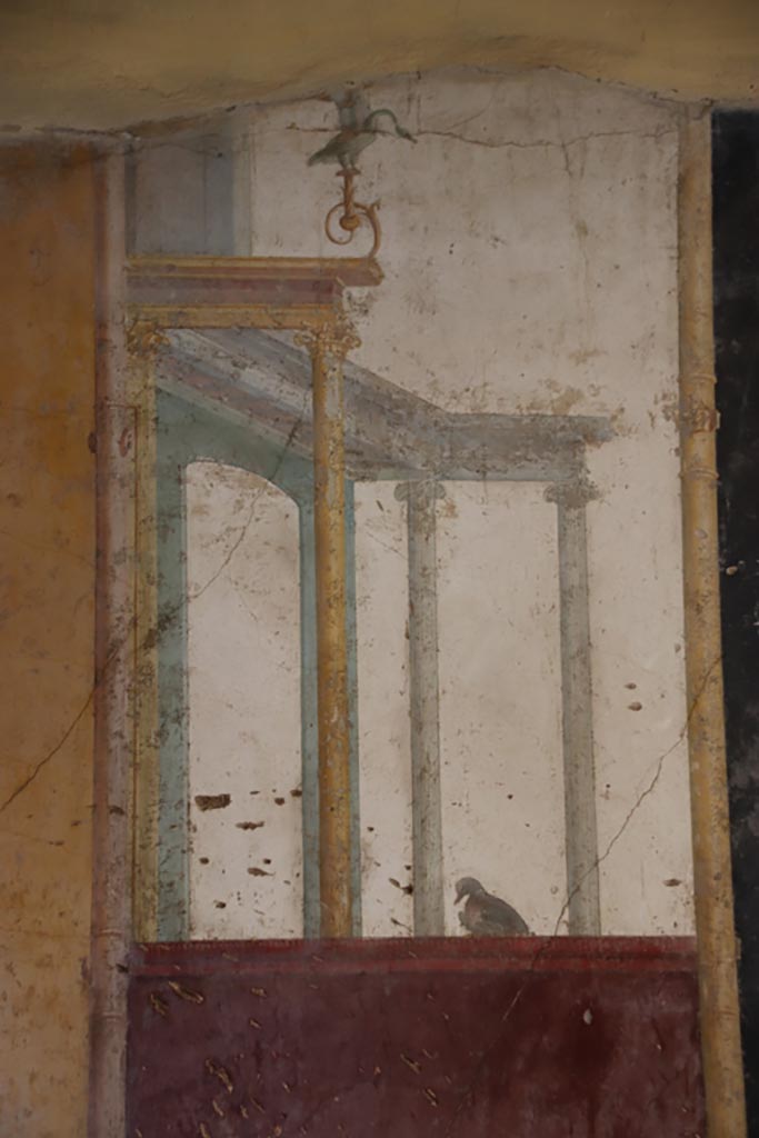 Villa San Marco, Stabiae, October 2022. 
Room 50, detail from painted decoration at north end of east wall. Photo courtesy of Klaus Heese.
