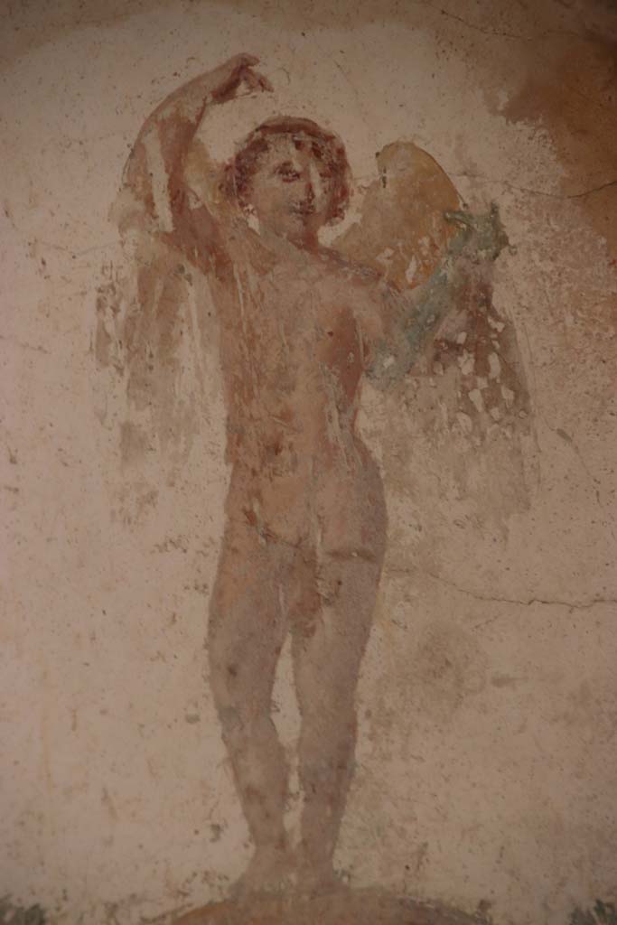 Villa San Marco, Stabiae, September 2019. 
Room 50, detail of painted figure on south end of east wall. Photo courtesy of Klaus Heese.
