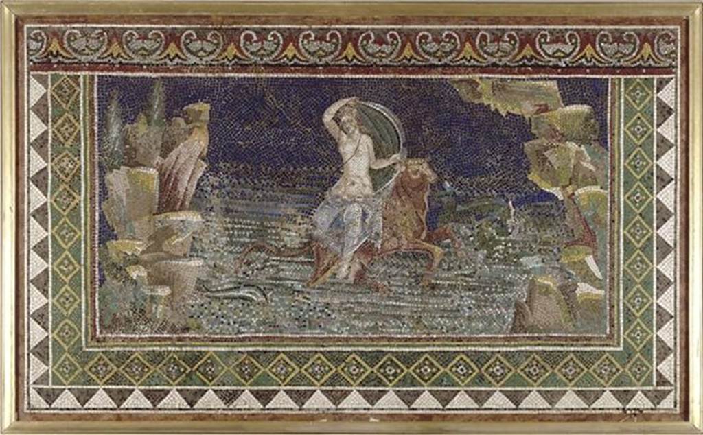 Castellammare di Stabia, Villa San Marco. Room 65, in the central niche on the other side (south-east side) of the nymphaeum, this mosaic was found. Original mosaic showing Europa on the bull, discovered 23rd April 1752. Now in the musée Condé de Chantilly, inventory number OA123. Photo RMN © R.G. Ojeda.
A reproduction of this mosaic can be seen in room 12. See Pagano, M. and Prisciandaro, R., 2006. Studio sulle provenienze degli oggetti rinvenuti negli scavi borbonici del regno di Napoli. Naples : Nicola Longobardi. (p.239).

