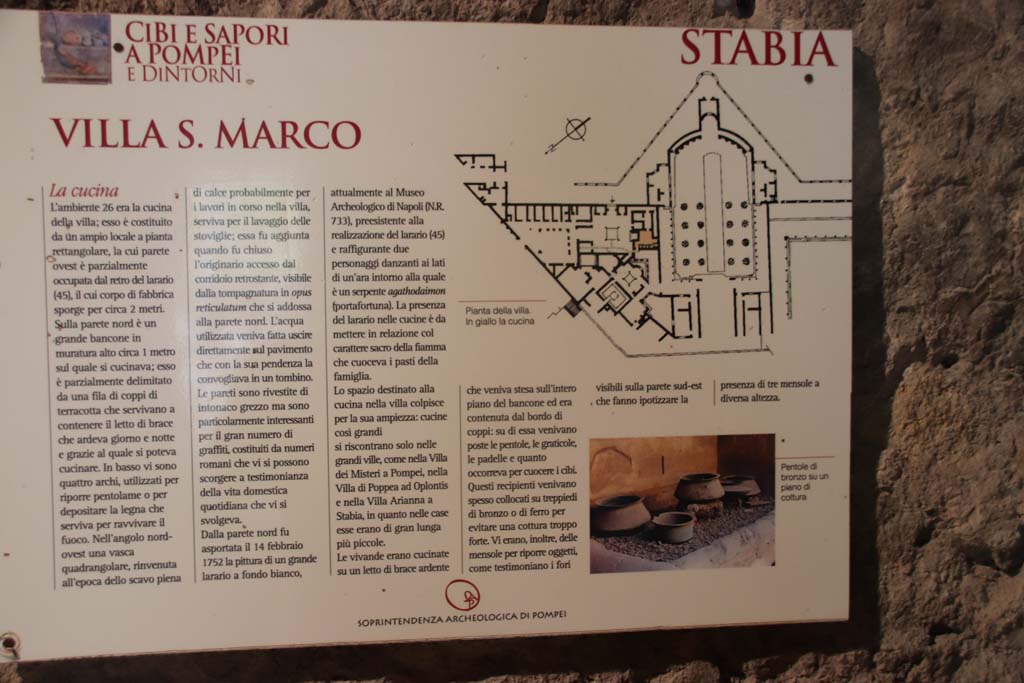 Villa San Marco, Stabiae, September 2019. Room 26, kitchen information card in Italian. Photo courtesy of Klaus Heese.