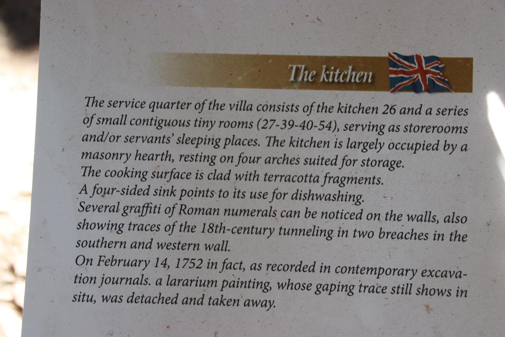 Villa San Marco, Stabiae. October 2022. Room 26, kitchen information card in English. Photo courtesy of Klaus Heese.