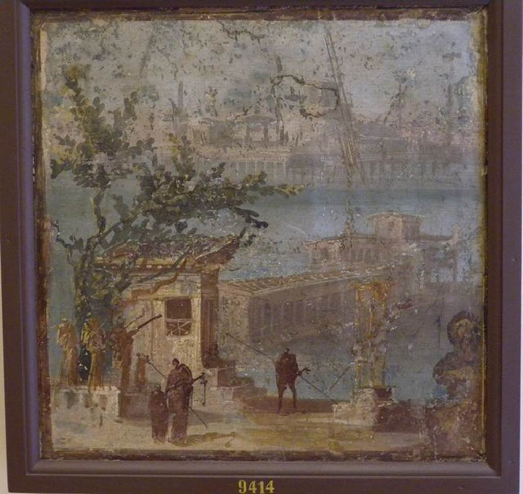 Castellammare di Stabia, Villa San Marco. Wall painting from south wall of room 52, showing architectural landscape with people. Now in Naples Archaeological Museum.  Inventory number 9414.
