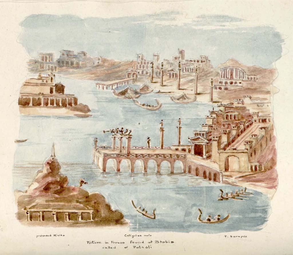 Villa San Marco, Stabiae. Between 1819 and 1832, watercolour sketch by W. Gell of wall painting from room 52, showing port scene (Puteoli?).
Original painting now in Naples Archaeological Museum. Inventory number 9514.
See Gell, W. Pompeii unpublished [Dessins de l'édition de 1832 donnant le résultat des fouilles post 1819 (?)] vol II.
Bibliothèque de l'Institut National d'Histoire de l'Art, collections Jacques Doucet, Identifiant numérique Num MS180 (2).
See book in INHA Use Etalab Licence Ouverte
