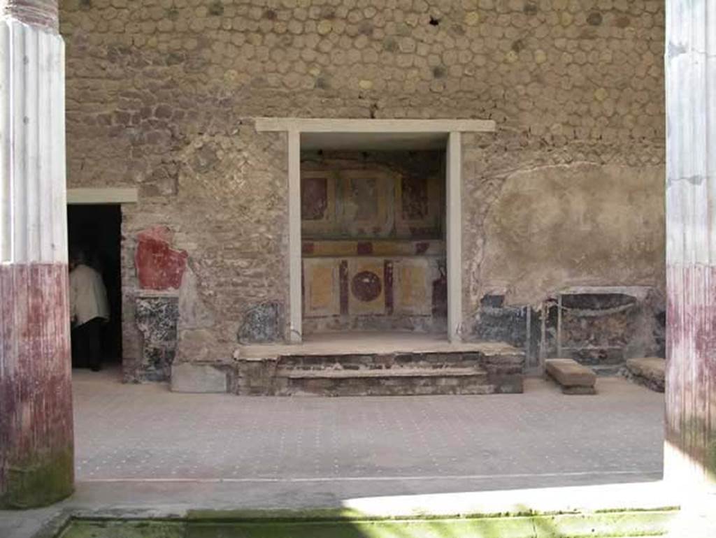 Villa San Marco, Stabiae, April 2005. 
Room 45, looking across impluvium in atrium 44 towards south-west wall and lararium 45.
Photo courtesy of Michael Binns.

