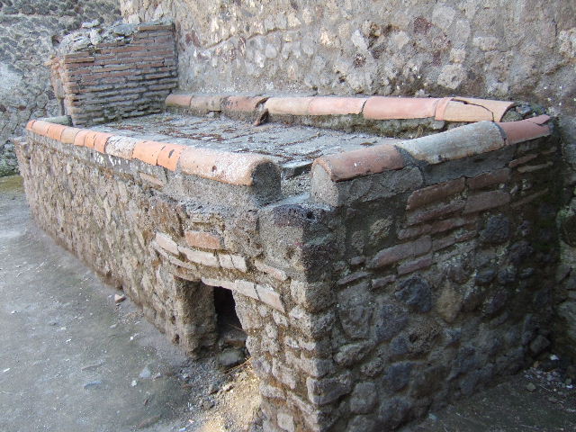Villa of Mysteries, Pompeii. May 2012. Room 61, kitchen courtyard. Looking west towards the oven and hearth. Photo courtesy of Buzz Ferebee.

