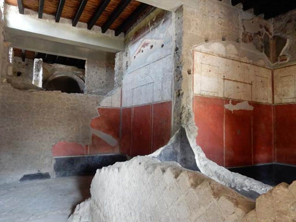Villa of Mysteries, Pompeii. May 2015. Looking east from passage 13 towards room 14, on left, and room 11, on right. Photo courtesy of Buzz Ferebee.

