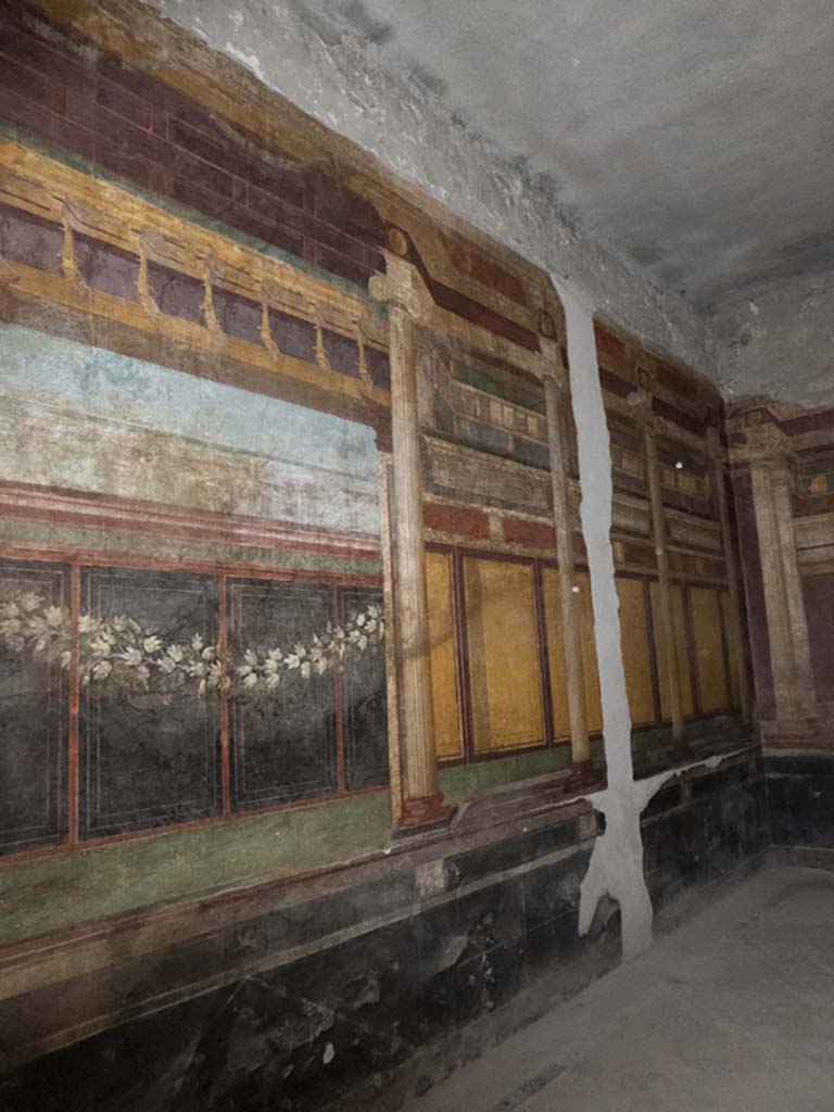 Villa of Mysteries, Pompeii. May 2012. Room 6, looking north along west wall.
Photo courtesy of Buzz Ferebee.
