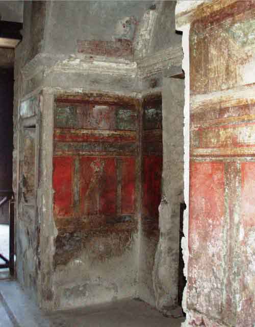 Pompeii. Villa of Mysteries. May 2006.  Room 4, looking towards north-west corner, with doorway to tablinum, room 2, on right.  The doorway on the left of the photo leads to portico P2.

