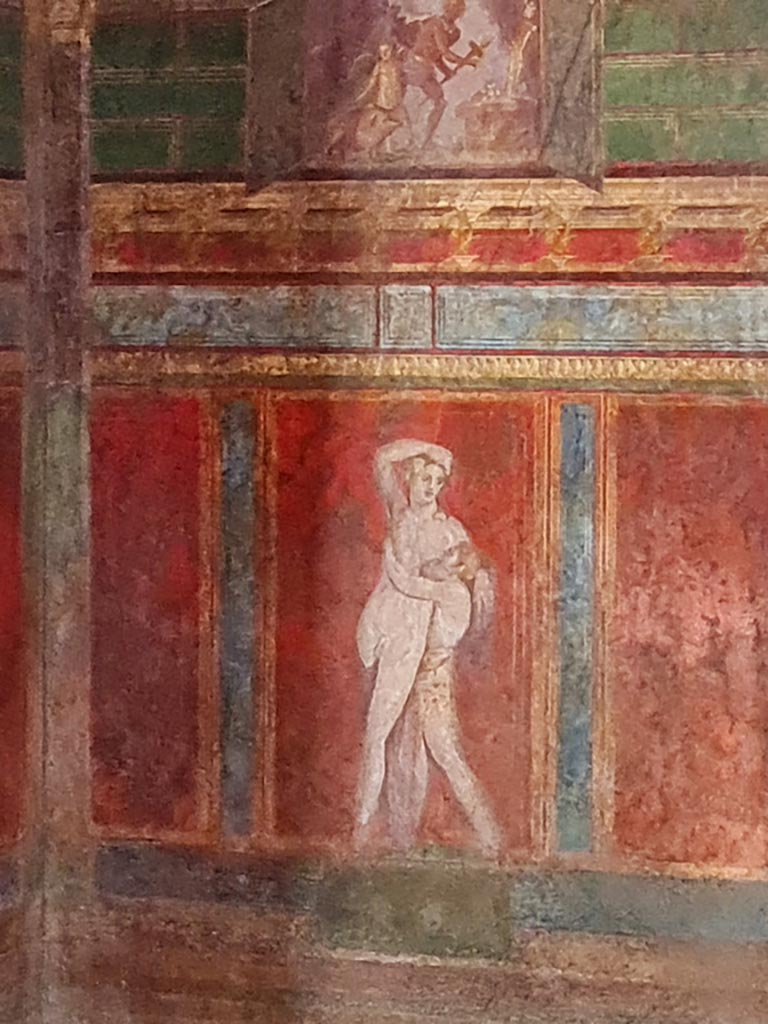 Villa of Mysteries, Pompeii. May 2010. Room 4, wall painting of Dionysus and Silenus, in north-east corner.