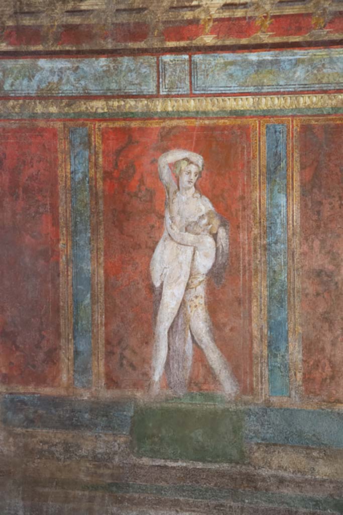 Villa of Mysteries, Pompeii. November 2017. Room 4, upper wall, north-east corner.
Painting of sacrifice of a pig to Priapus above the painting of Dionysus and Silenus.
Foto Annette Haug, ERC Grant 681269 DÉCOR.

