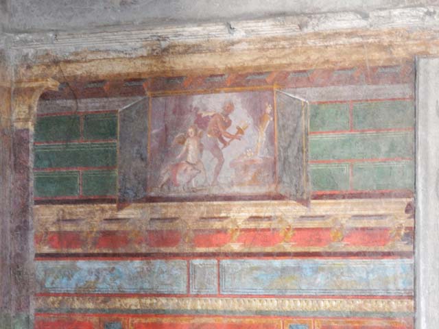 Villa of Mysteries, Pompeii. May 2015. Room 4, upper wall, north-east corner with painting of sacrifice of a pig to Priapus.  Photo courtesy of Buzz Ferebee.
