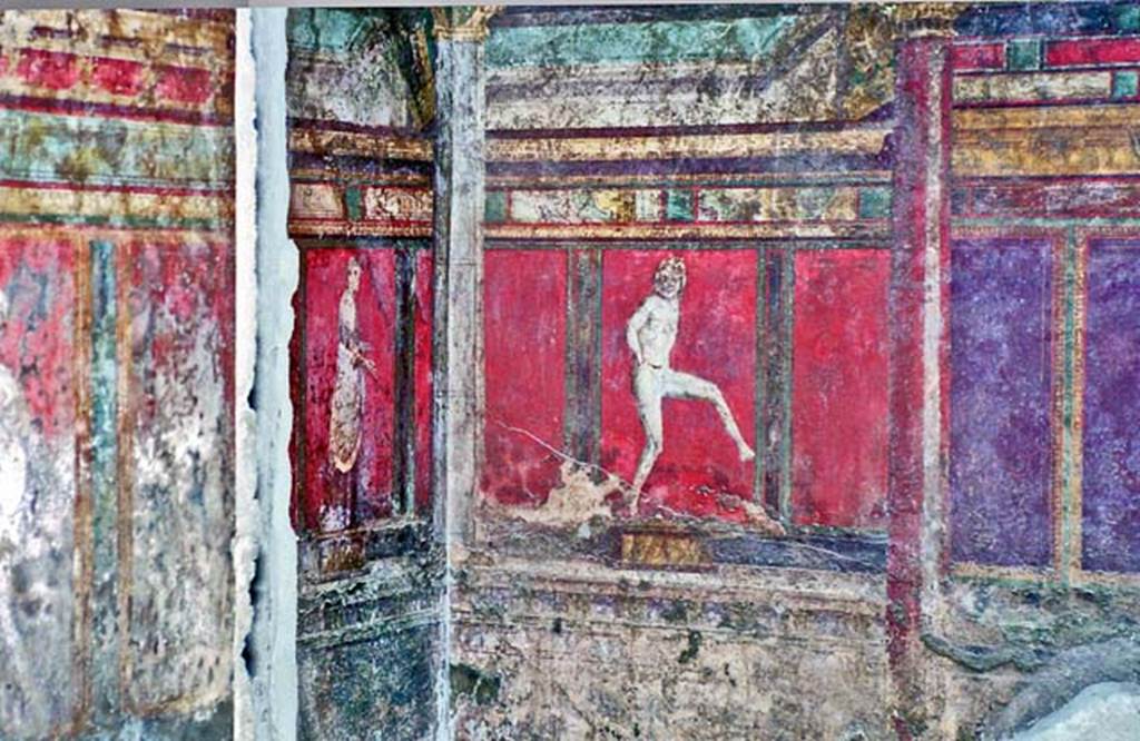 Villa of Mysteries, Pompeii. May 2010. Room 4, detail of wall painting of a priestess, on east wall.