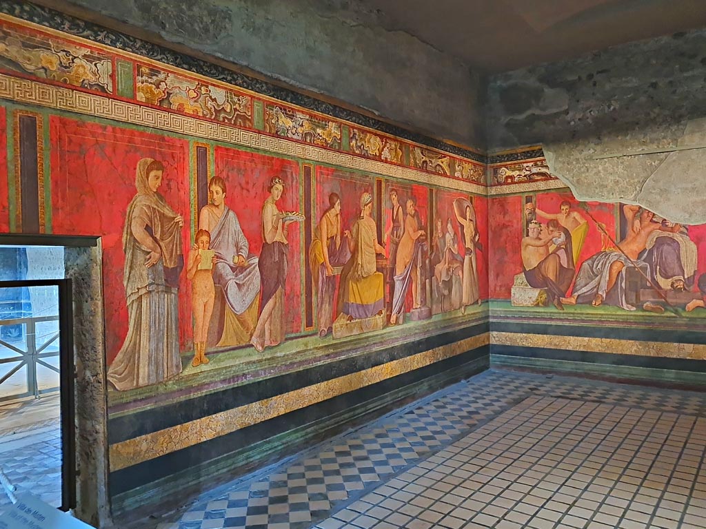 Villa of Mysteries, Pompeii. c.2015-2017. 
Room 5, detail of painted decoration from upper north wall. Photo courtesy of Giuseppe Ciaramella.
