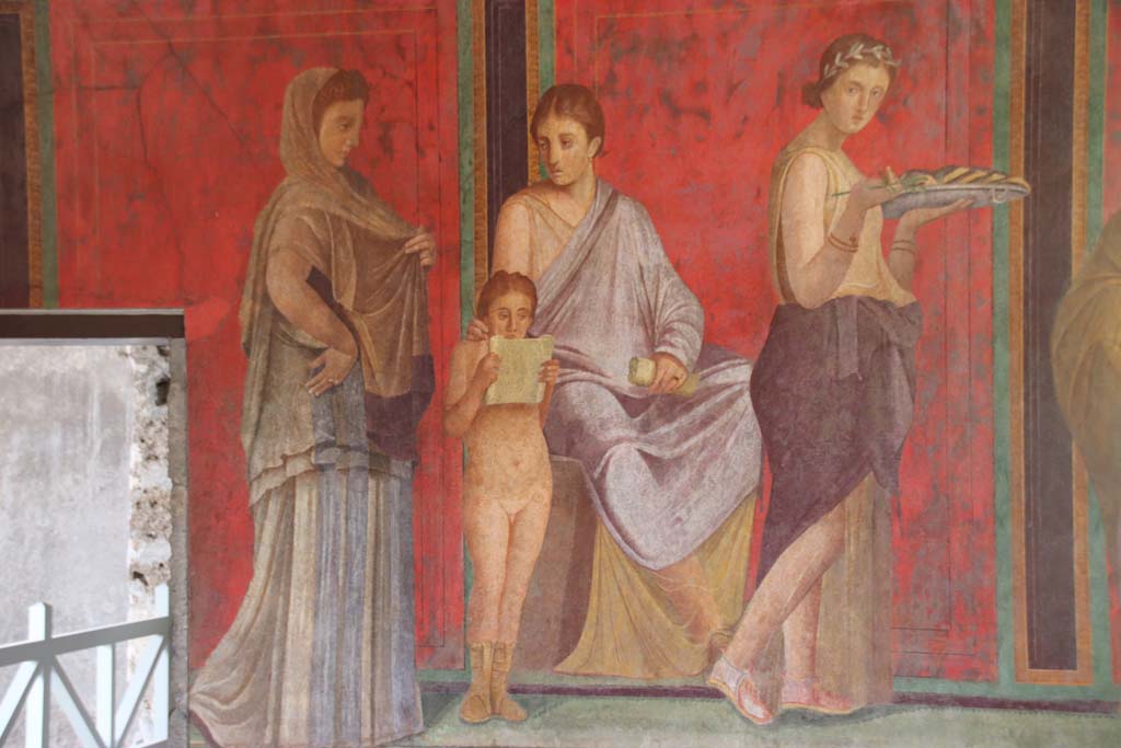 Villa of Mysteries, Pompeii. 1957. Room 5, detail from north wall.  Photo by Stanley A. Jashemski.
Source: The Wilhelmina and Stanley A. Jashemski archive in the University of Maryland Library, Special Collections (See collection page) and made available under the Creative Commons Attribution-Non Commercial License v.4. See Licence and use details.
J57f0374
