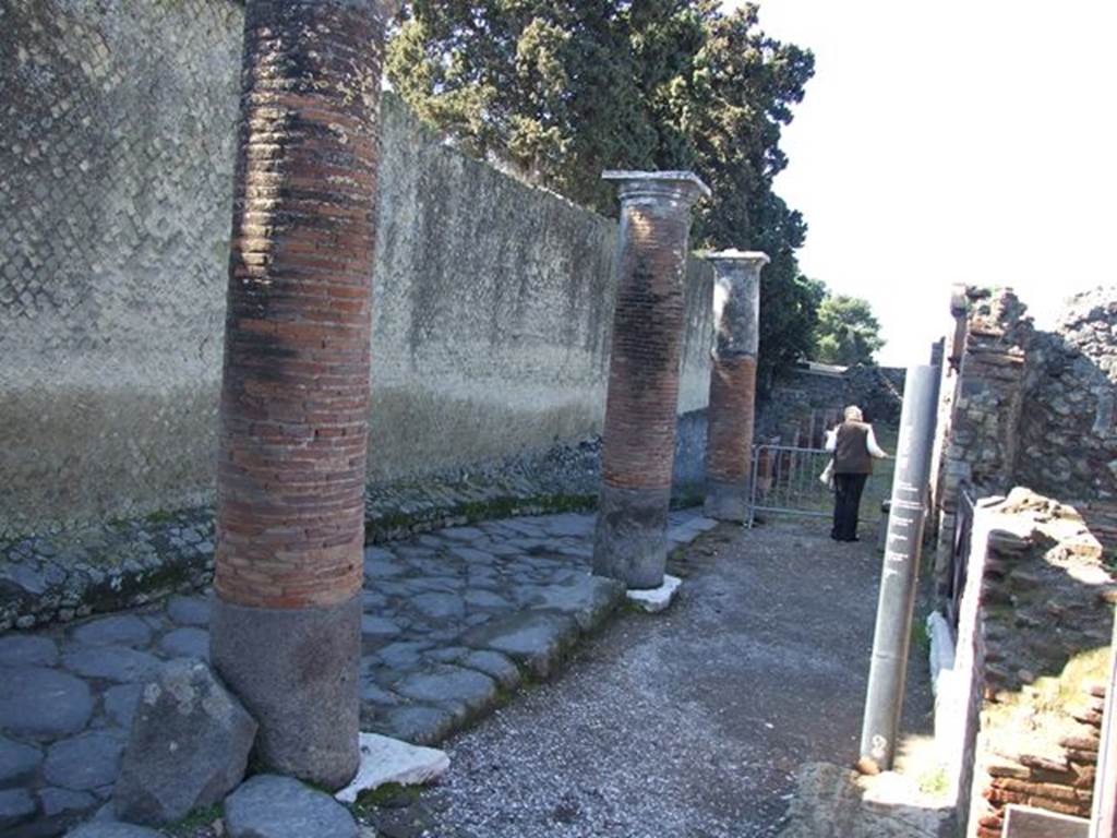 Via Marina between VIII.1 and VII.16. Looking west across portico towards north wall of Temple of Venus. March 2009.