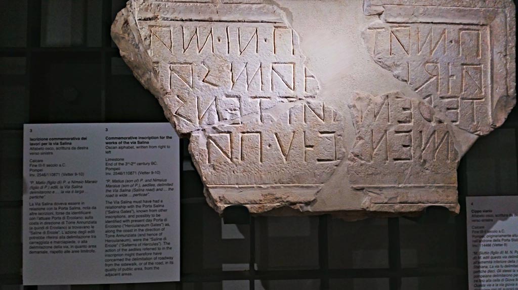 Via dei Sepolcri, (?), Pompeii. Limestone commemorative inscription for the works of the Via Salina, written in Oscan from right to left.
Now in Naples Archaeological Museum, inv. 2546/110671 (Vetter 9-10)._
According to the information card – it reads –
“P. Marius (son of) P. and Nimpius Maraius (son of P.), aediles, delimited the Via Salina (Salina road) and …… the road is wide …….porticae.”
Photo courtesy of Giuseppe Ciaramella, June 2017.
