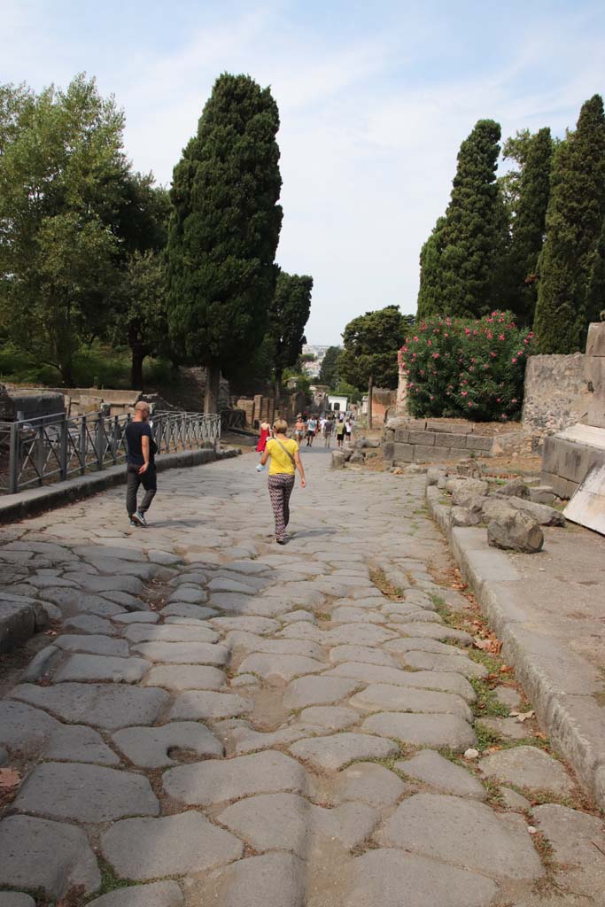 Via dei Sepolcri. September 2021. 
Looking north through Herculaneum Gate, with east part of Via Pomeriale, on right.
The entrance to the west part can be seen at the end of the new fence, on the left, by the tree. 
Photo courtesy of Klaus Heese.
