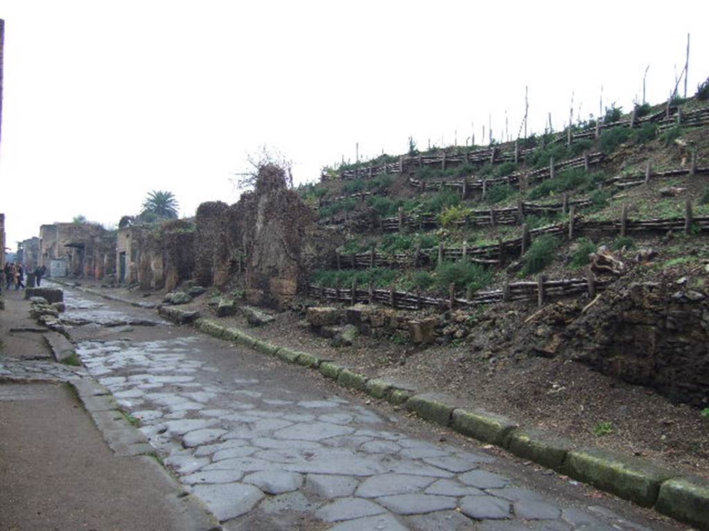 Via dell’Abbondanza. December 2005. Front of insula III.7 on, looking west.