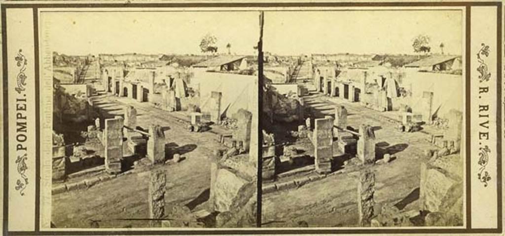 Via dell’Abbondanza. Stereoview by R. Rive taken looking west towards the Forum, from above the corner of crossroads with Via Stabiana, c.1860’s-1870’s. Photo courtesy of Rick Bauer.
