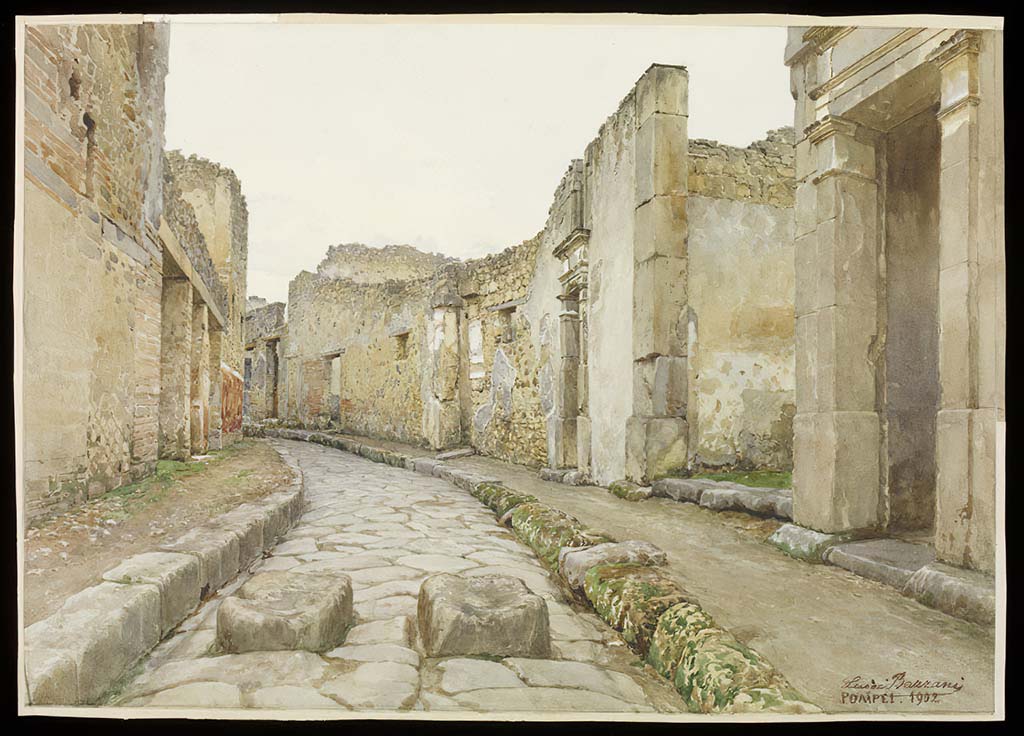 Vicolo del Lupanare, Pompeii, 1902. Watercolour by Luigi Bazzani, looking north between VII.11 and VII.1.
Photo  Victoria and Albert Museum. Inventory number 1816-1904.
