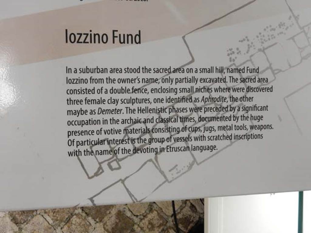 Santuario extraurbano del Fondo Iozzino. May 2018. Information card in exhibition.
The sacred area consisted of a double fence, enclosing small niches where were discovered three female clay sculptures, one identified as Aphrodite, another maybe as Demeter. 
The Hellenistic phases were preceded by a significant occupation in the archaic and classical times, documented by the huge presence of votive materials, consisting of cups, jugs, metal tools and weapons. 
Of particular interest is the group of vessels with scratched inscriptions with the name of the devotees in Etruscan language.
