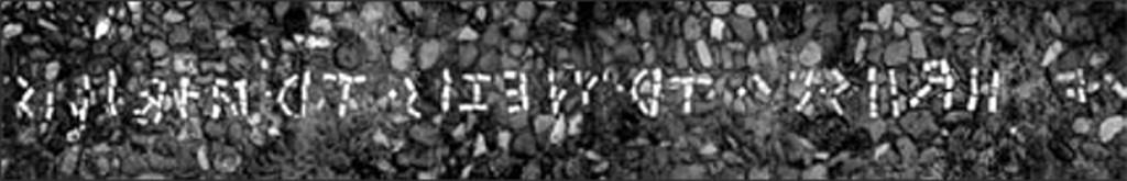 Tempio dionisiaco in località Sant’Abbondio di Pompei. A mosaic Oscan inscription on the floor of the ramp. Photo courtesy of Ruth Bielfeldt.
This reads ú. epidiis. ú. tr(ebis). meziis.tr(ebieís). Aídilis
= Ovius Epidius Ovii f. Trebius Mezius Trebii f. aediles
See Bielfeldt R., Der Liber-Tempel in Pompeji in Sant’Abbondio. Oskisches Vorstadtheiligtum und kaiserzeitliches Kultlokal, dans MDAI-Römische Abteilung, 113, 2007, p. 333, Abb. 14.

This translates to OPPIUS EPIDIUS OPPI FILIUS TREBIUS MEZIUS TREBII FILIUS AEDILES.
Cooley translates this as Ovius Epidius, son of Ovius, and Trebius Mettius, son of Trebius, aediles.
See Cooley, A. and M.G.L., 2014. Pompeii and Herculaneum: A Sourcebook. London: Routledge, p. 16, A21.

The construction of the ramp was probably in the final phase of the edifice.
The ramp led up to the area under the portico (the pronaos) which then led to the temple cella.
See Barnabei L. in Contributi di Archeologia Vesuviana, 3, Rome, 2007 (Studi della Soprintendenza archeologica di Pompei, 21), p. 39.

According to Sironen, re-reading this in 2008, this should now be read as
]ú. e[p]pidiis. ú. tr. meziis. tr. Aedilis

O(vius) Eppidius O(vii) f. Tr(ebius) Mettius Tr(ebii) f. aediles

Ovius Eppidius, son of Ovius and Trebius Mettius, son of Trebius, aediles. 
See Sironen T, 2013. Documentazione epigrafica osca del santuario suburbano delle divinità dionisiache a S. Abbondio, MEFRA, 125-1. http://mefra.revues.org/1250 
.