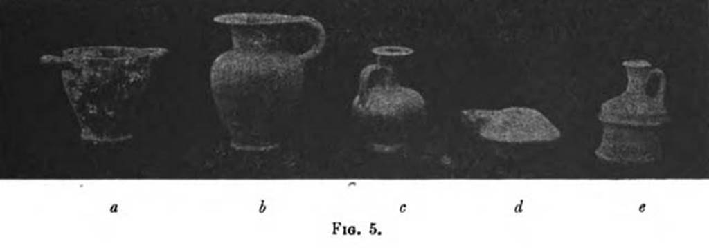 Pompeii Fondo Azzolini. Samnite Tomb XXXVI. Perfume jar, Fig. 5, e.
in the grave were vases (as tomb VI types c and d), with a skyphos and a perfume jar, (Figure 5, e) and it bears, in black, rods on the neck and at the base and a meander wave on the shoulder.
See Notizie degli Scavi di Antichità, 1916, p. 294-5, fig. 5, e.





