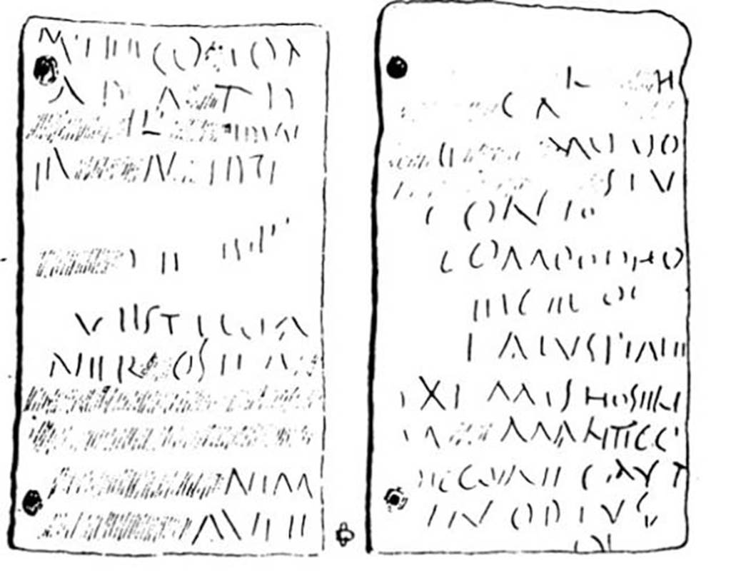 Pompeii Fondo Azzolini. Tomb 10. Drawing of reverse of the two lead curse tablets.
See Notizie degli Scavi di Antichità, 1916, p. 305-6, fig. 17.
