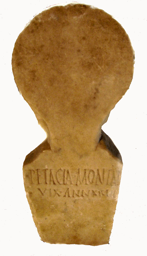 FS93-4. Marble columella of Petacia Montana.
Found inside the tomb, 0.66m high, upper width 0.15m, with poor letters
?
PETACIA • MONTAN  
VIX • ANN XICI II (sic)

Petacia Montan(a)
vix(it) ann(is) XICI II (sic!)

The number was not intelligible but may have been XXIII.
The burial of a freeborn person.
Not visible from the street.
See Notizie degli Scavi di Antichità, 1893, p. 334, no. 4.
