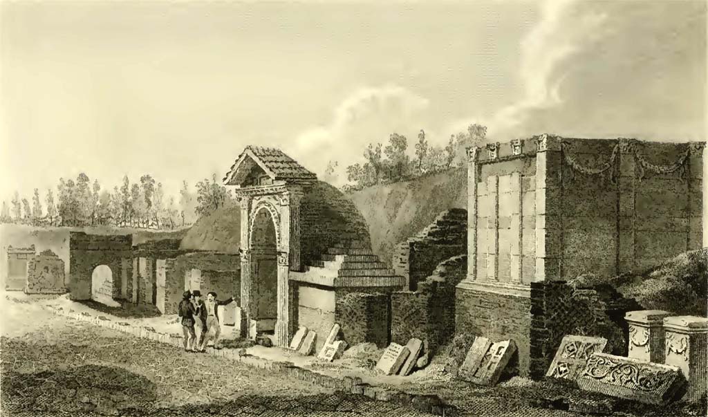 HGE07 Pompeii. 1824 drawing of tomb HGE05, HGE06, HGE07, HGE08 and HGE09.
See Gell, W, and Gandy J. P., 1819. Pompeiana. London: Rodwell and Martin. (pl. 12).
