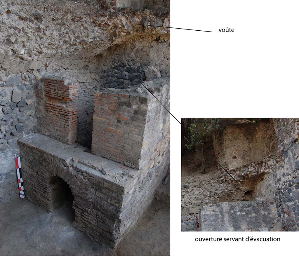 HGE29 Pompeii. September 2013. Room 2. On the left, looking south-east to front side of oven, with remains of vaulted roof.
On the right, detail of the opening for the flue.
Photo courtesy of Laëtitia Cavassa, Bastien Lemaire, Guilhem Chapelin, Aline Lacombe, John-Marc Piffeteau and Giuseppina Stelo.
Photo © Centre Jean Bérard. For full report, see links above or below.
