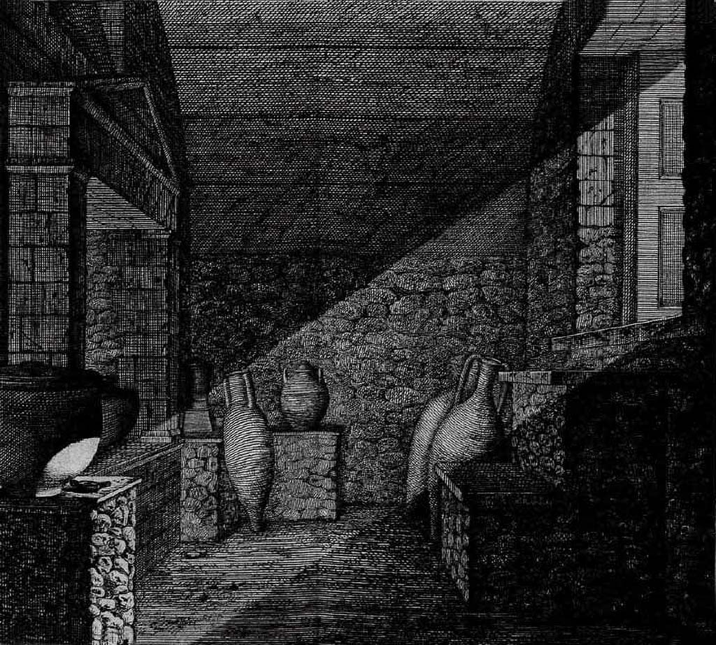 HGE34 Pompeii. 1813 drawing by de Clarac of the interior of the tomb.
This shows the aedicula and side benches opposite the entrance and the location of finds.
See Clarac F. de, 1813. Fouille faite à Pompei en présence de S. M. la Reine des Deux Siciles, le 18 Mars 1813. (Ta. 9)
Kockel recorded the finds in the tomb as --
The marble door, two marble door posts, which were found inside the tomb and restored in place in 1814.
One alabaster urn, one marble and two glass urns, 
Two amphorae, 
Eight glass cremation jars, 
A terracotta altar, three terracotta jugs, 
An agate/sapphire set in a gold ring, and with a deer cut in the centre.
See Kockel V., 1983. Die Grabbauten vor dem Herkulaner Tor in Pompeji. Mainz: von Zabern. (p. 162-163)

