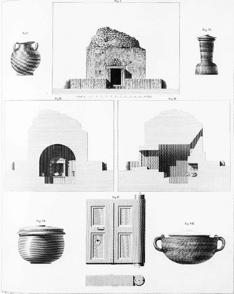HGE34 Pompeii. 1824 drawing by Mazois of tomb contents and cross sections.
First row:  Glass urn found on bench running around sides; View of front of tomb; 
Terracotta altar with cylindrical double-conical body with ornamentation, found close to the alcove.
Second row: Cross section showing aedicula opposite the entrance, bench and location of some objects; Cross section of inner chamber.
Third row: Marble urn found top left of entrance; Marble door (and profile); Alabaster urn found in aedicula opposite the entrance.
See Mazois, F., 1824. Les Ruines de Pompei: Premiere Partie. Paris: Didot Freres. (pl. 19).
