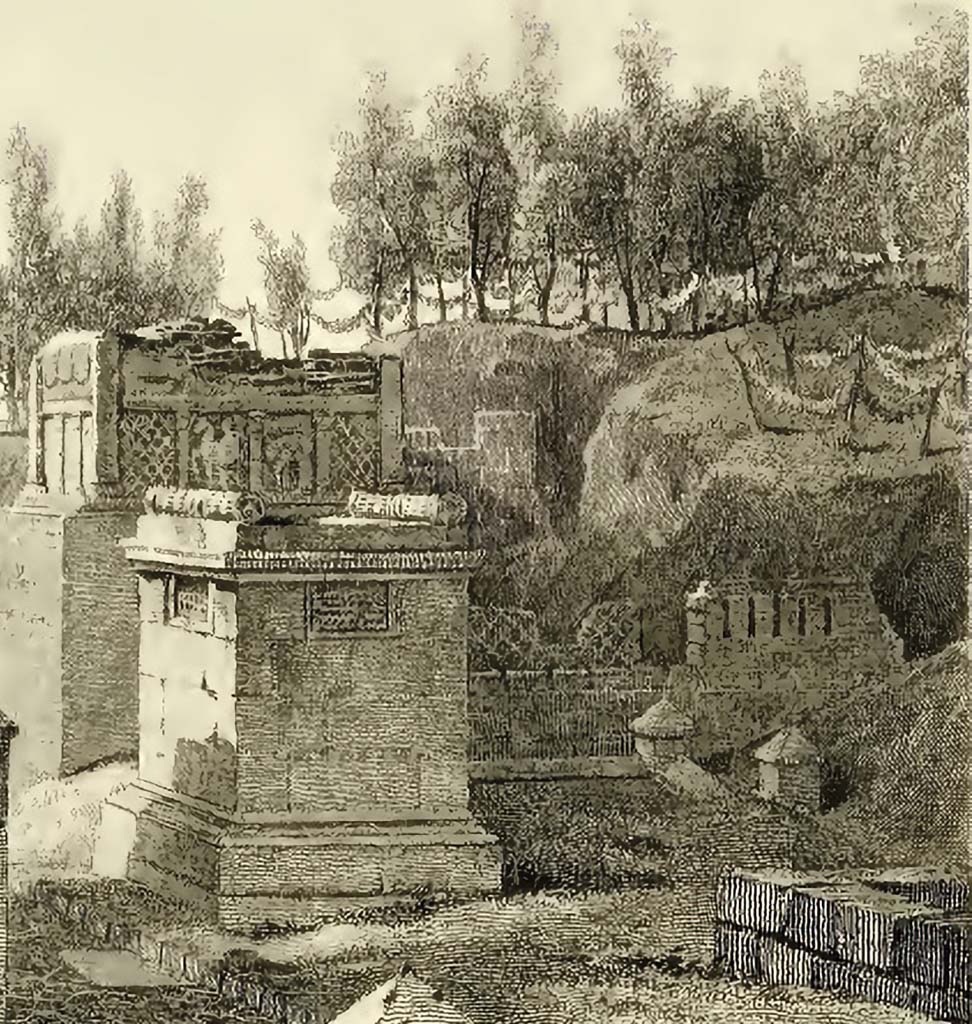 HGE36 Pompeii. 1824 drawing of HGE36 (right) and HE37 (left).
According to Kockel, many early drawings show four turrets with pyramid tops, now lost.
See Kockel V., 1983. Die Grabbauten vor dem Herkulaner Tor in Pompeji. Mainz: von Zabern. (p. 166).
See Gell, W, and Gandy J. P., 1819. Pompeiana. London: Rodwell and Martin, (pl. 11).
