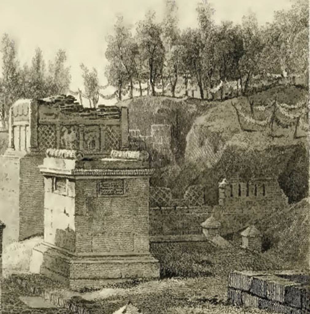 HGE38 Pompeii. 1824 drawing by Mazois of east and south sides with HGE38 behind HGE37. See Mazois, F., 1812. Les Ruines de Pompei: Premiere Partie. Paris: Didot Freres. (pl. 11).