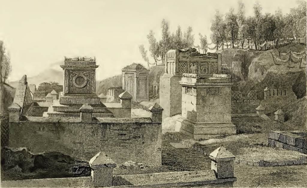 HGE42 Pompeii. 1824 drawing by Mazois looking along Via dei Sepolcri with HGE42 in the distance. See Mazois, F., 1824. Les Ruines de Pompei: Premiere Partie. Paris: Didot Freres. (pl. 11).