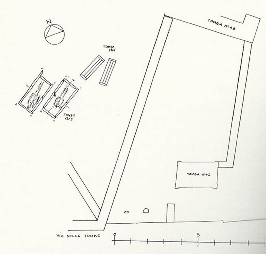 HGE44 Pompeii. 1979 plan by Stefano de Caro. 
The two narrow graves are HGE44 the tombe a cappuccina, excavated in 1961.
The two wider graves are HGE45 excavated in 1979.
These are located to the west of HGE42 and HGE43.
See De Caro S., 1979. Cronache Pompeiane V, p. 180, fig. 1.
