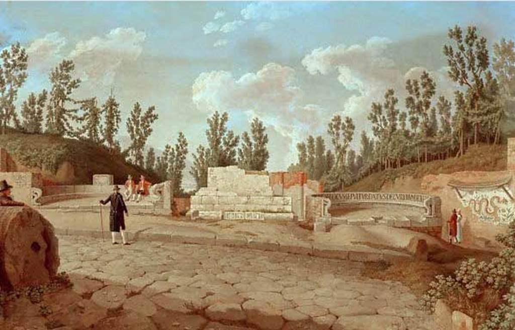 HGW02 Pompeii. 1793 painting with tomb on left showing the tufa block on the back of the schola.
On the 16th March 1763 an inscribed marble plaque was found set in the tufa block. 
