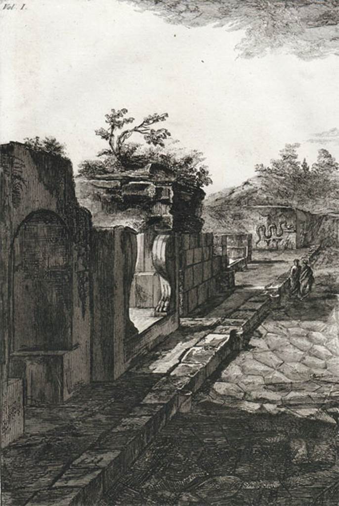 HGW03 Pompeii. 1804 drawing looking along front of tomb. See Piranesi, F, 1804. Antiquites de la Grande Grece: Tome I. Paris: Piranesi and Le Blanc.  (pl. 5).