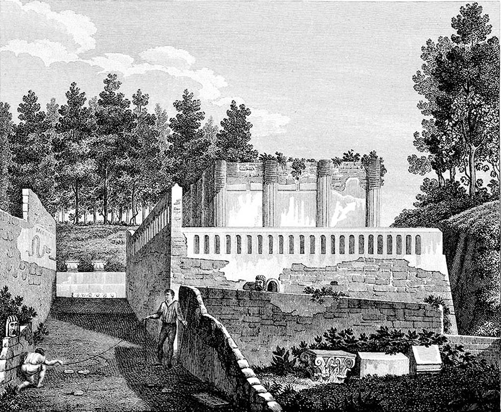 HGW04 Pompeii. 1809-11. Schola tomb of Mamia, drawing by Mazois.
According to Mazois “The drawing offers the sight of the tomb of Mamia on the side of the sepulcretum; one can notice on the right, in the wall which separates this place from the street, several heads of animals encrusted, and which seem intentionally put to form a manner of decoration rather suitable at a place devoted to the burials. In the surroundings were several vault openings. It was impossible for me to find them”
See Mazois, F., 1812. Les Ruines de Pompei: Première Partie. Paris: Didot Frères, (p. 28, Pl. X).
