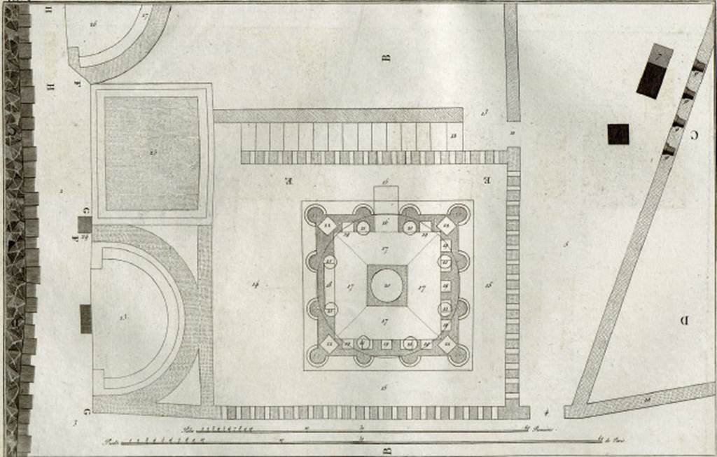 HGW04b Pompeii. 1804 plan showing HGW04 schola, HGW04a behind and HGW04b above. The positioning of the staircase leading to HGW04b is incorrect, See Piranesi, F, 1804. Antiquites de la Grande Grece: Tome I. Paris: Piranesi and Le Blanc. (pl. 34).